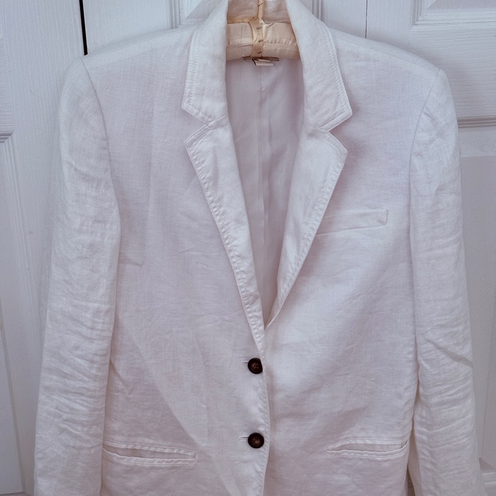 J. Crew white linen lined Blazer with Button Detail on sleeves.